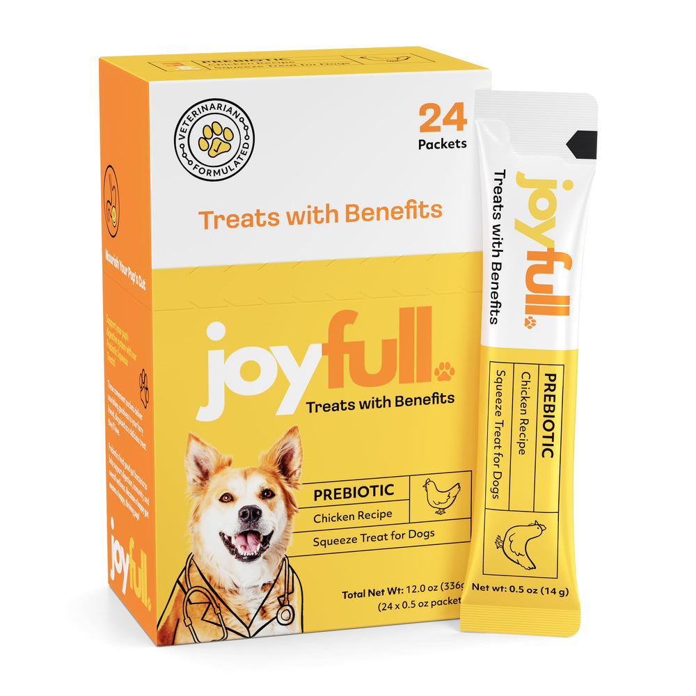 JoyFull Chicken Squeeze Treats packaging front shows real cage-free chicken for dogs.