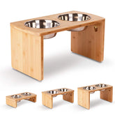 JOYOPAW elevated bowl stand setup shows bamboo frame for mess-free meals.