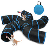 Joytale 5-Way Cat Tunnel blue-black top view highlights interactive play space for multiple cats.