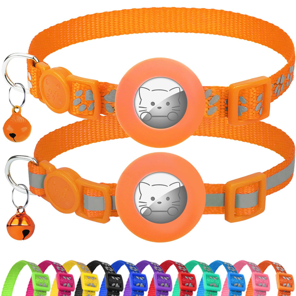Joytale AirTag cat collar in orange with reflective surface for safer nighttime visibility.