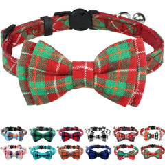 Joytale Christmas cat collar with bells and bow on plaid red-green fabric for easy-location