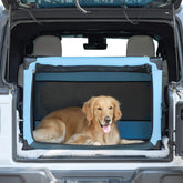 JOYTUTUS 38-inch collapsible dog crate folded for compact storage and easy travel.
