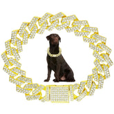 JPOJPO gold Cuban link dog collar close-up with crystal accents for timeless pet style.