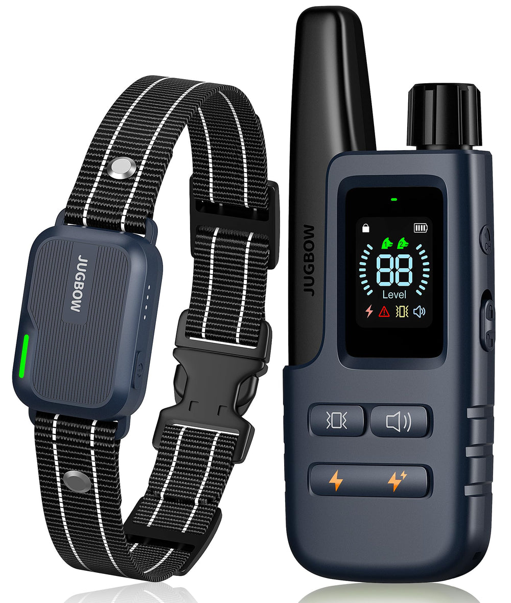 Jugbow dog shock collar remote demonstrates a long-range training tool for recall indoors and outdoors.