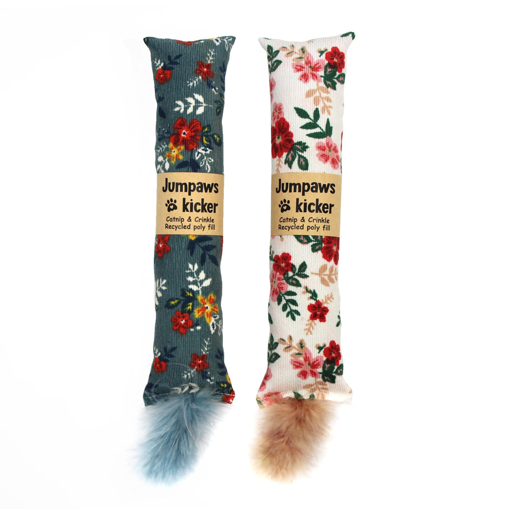 Jumpaws 2-pack catnip kicker with feathers for interactive play.