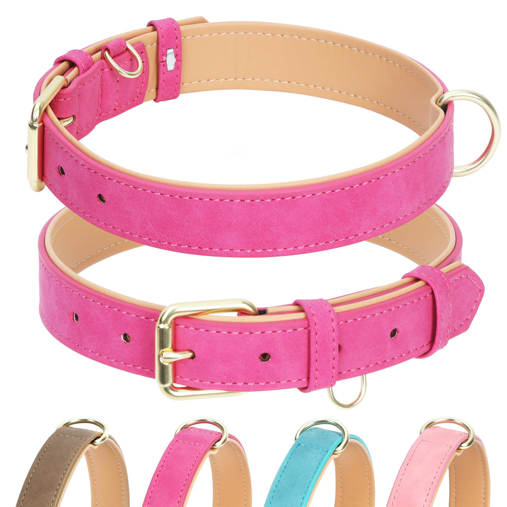 Jumpress Leather Dog Collar hot pink XS closeup of sturdy gold buckle for daily wear.
