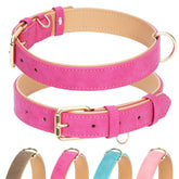 Jumpress Leather Dog Collar hot pink XS closeup of sturdy gold buckle for daily wear.