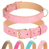 Jumpress leather dog collar pink closeup shows soft padding for everyday comfort.