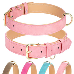 Jumpress leather dog collar pink closeup shows soft padding for everyday comfort.