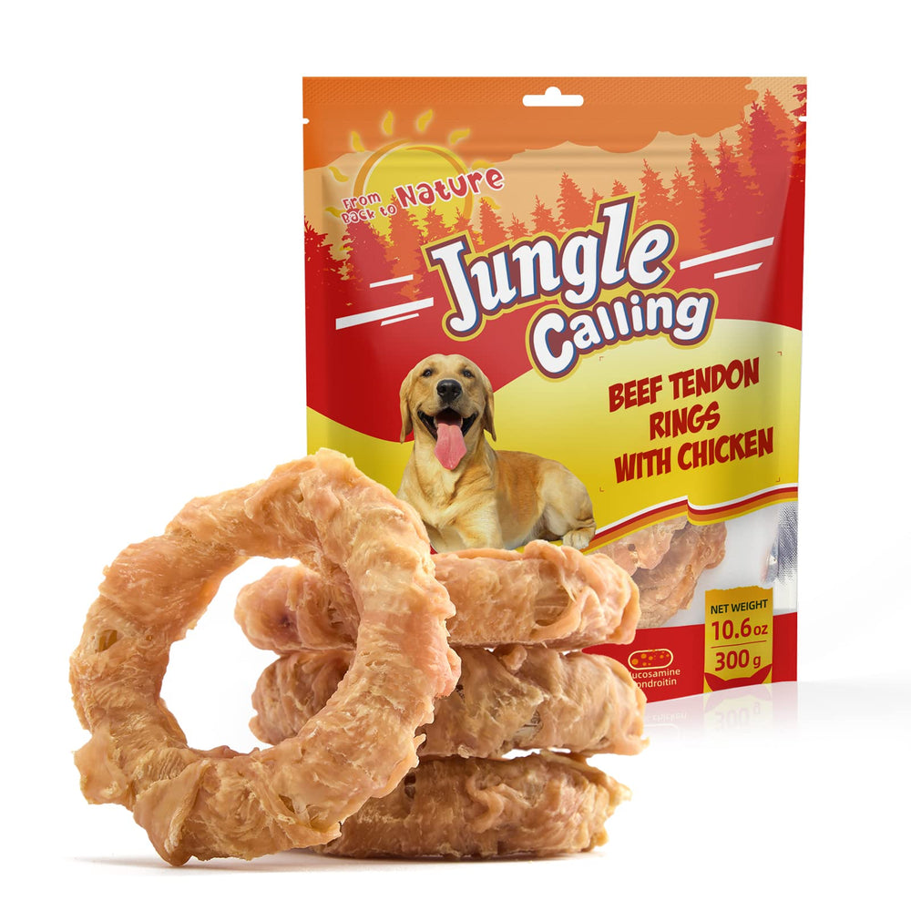 Jungle Calling beef tendon ring closeup highlighting a long lasting chew for dogs