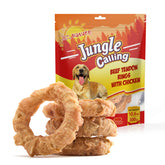 Jungle Calling beef tendon ring closeup highlighting a long lasting chew for dogs