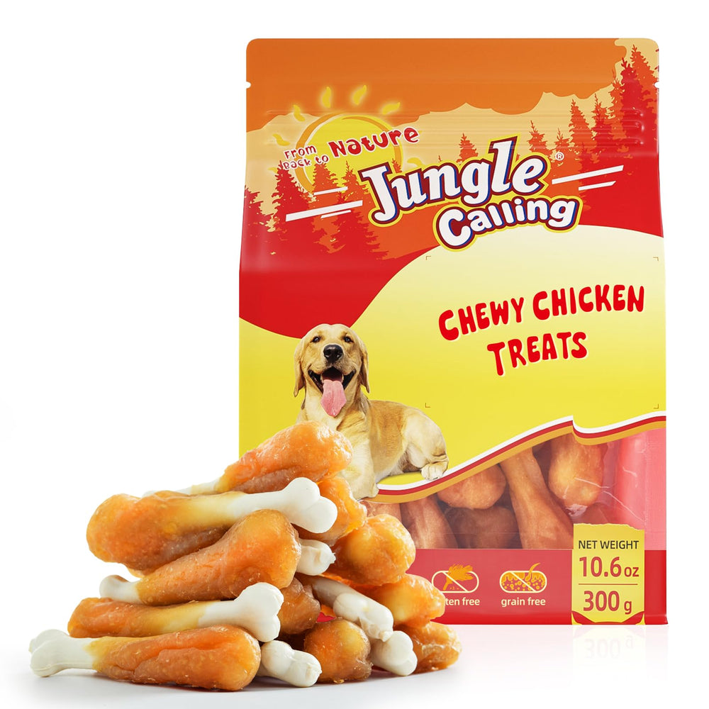Jungle Calling chewy chicken dog treats packaging highlights real chicken for tasty training rewards
