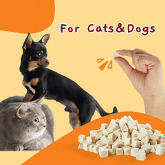 Jungle Calling chicken cubes used as a training reward for dogs