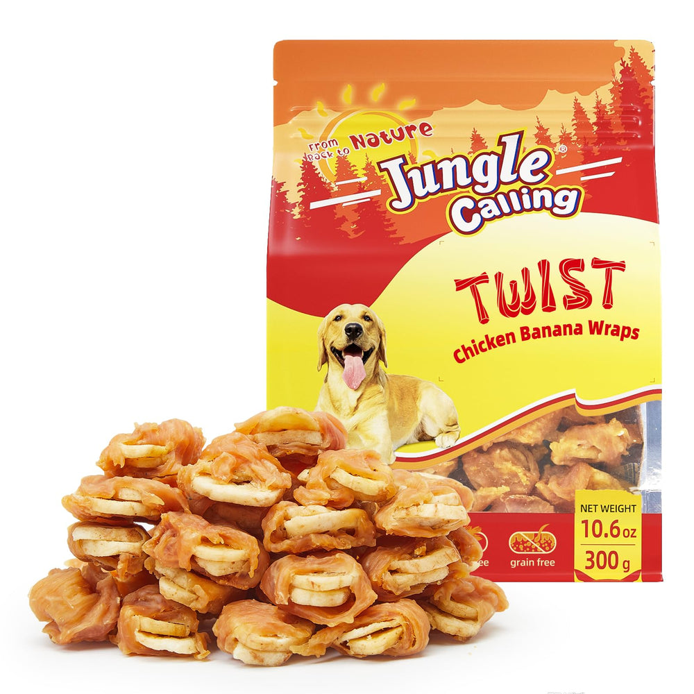 Jungle Calling chicken-wrapped-banana dog treats bag front for grain-free training