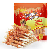 Jungle Calling chicken-wrapped-rawhide-stick promotes dental hygiene during training sessions.