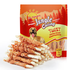Jungle Calling chicken-wrapped-rawhide-stick promotes dental hygiene during training sessions.