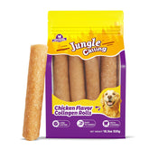 Jungle Calling collagen rolls 7-inch chicken chew for dogs promotes chew time.
