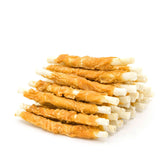 Jungle Calling dog treats chicken-wrapped-rawhide-stick closeup showing chewy texture for training rewards