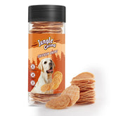Jungle Calling dog treats in a jar highlight single-ingredient chicken chips for easy storage.
