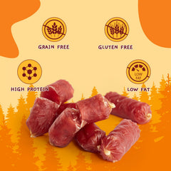 Jungle Calling Duck Sausage Treats texture closeup highlights tender, chewy bite ideal for training.