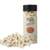 Jungle Calling freeze-dried chicken cubes packshot showing product packaging and texture benefits