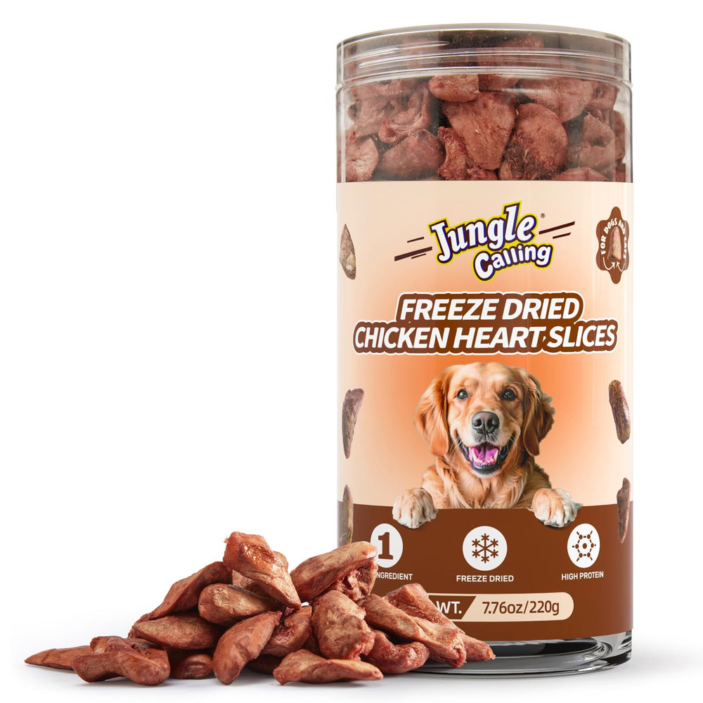 Jungle Calling freeze-dried chicken hearts halves in a jar, high-protein treats for training.