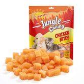 Jungle Calling soft chicken treats pack front showing grain-free high-protein rewards.