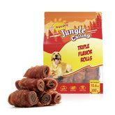 Jungle Calling triple-flavor-rolls dog treats packaging shows a premium rawhide-free snack