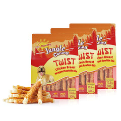 Jungle Calling chicken-wrapped rawhide stick close-up for training rewards