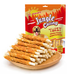 Jungle Calling chicken-wrapped rawhide stick shown during playtime for motivation
