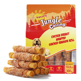 Jungle Calling Smoked Chicken Wrapped Rawhide Rolls packaging highlights high-protein chews for dogs