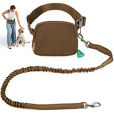 Junipooch hands-free dog leash worn at the waist for effortless city walks.