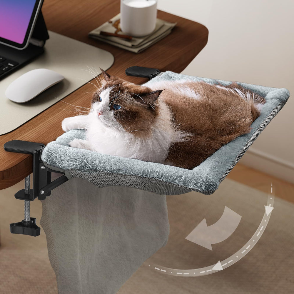 JUNSPOW cat desk bed setup on a desk, promoting calm co-work with your cat.