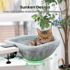 JUNSPOW cat desk bed sunken design gives cats secure curled sleeping posture.