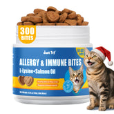 Just Try 300 Bites allergy-immune-cats-pack demonstrates treats supporting skin and immune health