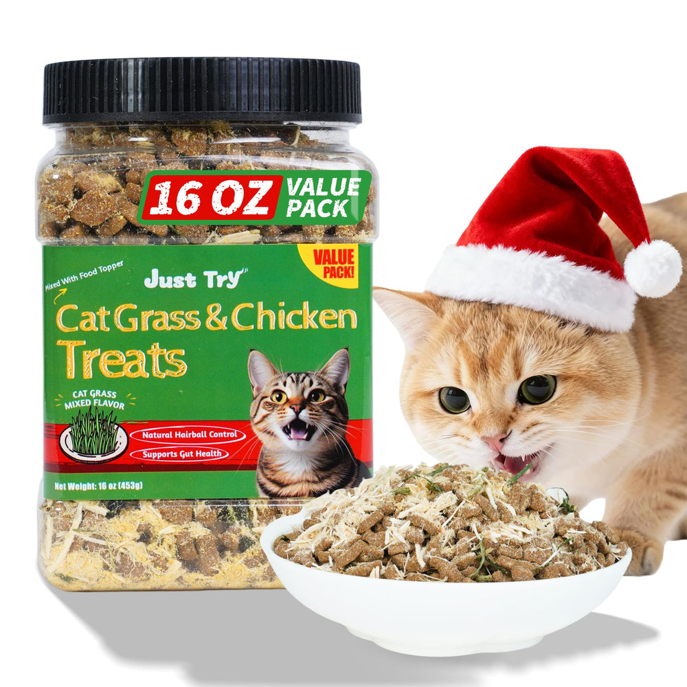 Just Try cat grass jerky packaging highlights indoor-cat treats for hairball relief.