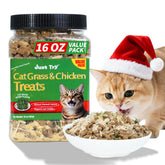 Just Try cat grass jerky packaging highlights indoor-cat treats for hairball relief.