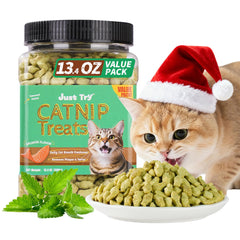 Just Try crunchy cat treats dental-breath closeup demonstrates a crunchy texture aiding breath freshness.