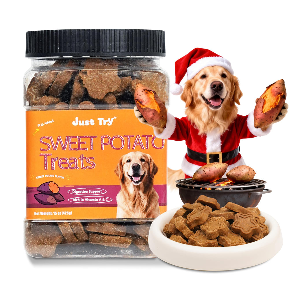 Just Try dog biscuits sweet potato packaging highlighting wholesome ingredients and gut friendly base