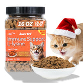 Just Try Lysine Cat Treats bag—crunchy low-calorie snacks for cats.