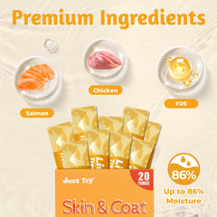 Just Try omega oils cat treats tubes closeup highlighting omega fatty acids for coat shine