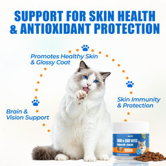 Just Try salmon oil bottle highlights omega-3 benefits for cat skin.
