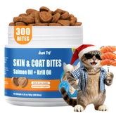 Just Try Skin Coat Bites jar shows ready-to-serve cat treats for shiny fur.