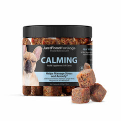 JustFoodForDogs Calming Soft Chews bottle highlighting calming support for anxious dogs