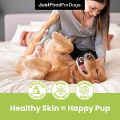 JustFoodForDogs Omega Plus Oil with dog; sustainable algae-based omega-3.