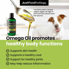 JustFoodForDogs Omega Plus Oil dropper; EPA and DHA support joint comfort.
