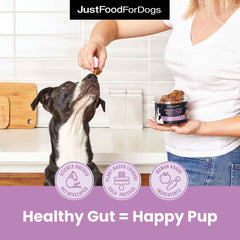 JustFoodForDogs Probiotic Booster packaging flatlay showcases cold-pressed process preserving nutrients.