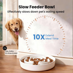 JuWow ceramic bowl shown with dog enjoying a calm, slowed meal.