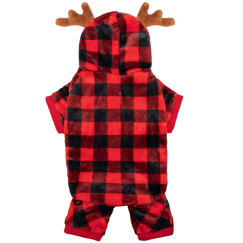 JVVGPET dog pajamas in red plaid with antlers hat for festive warmth.