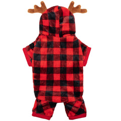 JVVGPET dog pajamas in red plaid with antlers hat for festive warmth.